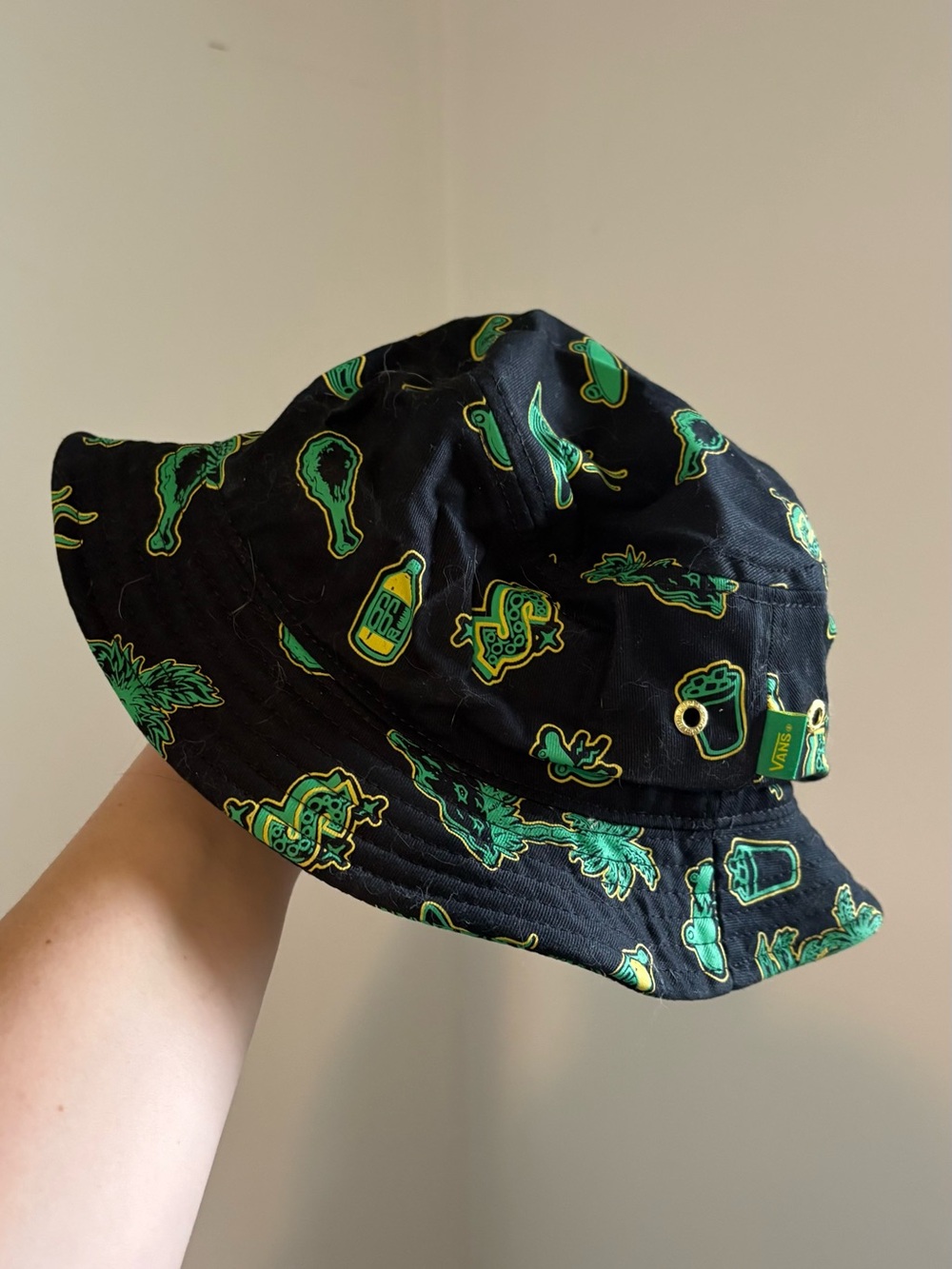 Vans x Shake Junt Black Bucket Hat with Green & Yellow Graphic Icons